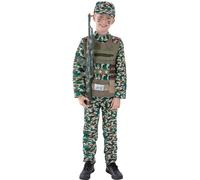 Smiffys Costume Militare mimetico da ragazzo, verde, con top, pantaloni e cappello Halloween