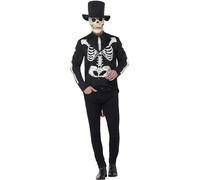 SMIFFYS Costume Señor scheletro Giorno dei Morti, Nero, con giacca, camicia finta, cravatta, cappello e maschera in lattice