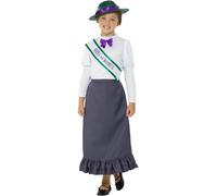 SMIFFYS Costume suffragetta vittoriana, Grigio e rosa pastello, con gonna, camicetta applicata, fascia e cappello Halloween