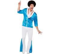 SMIFFYS Costume super glam anni '70, Blu, Camicia, pantaloni e cravatta