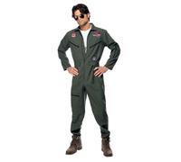 Smiffys Costume Top Gun, Verde, con tuta intera, targhette di identificazione e occhiali