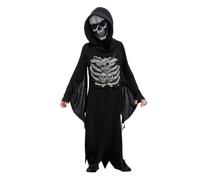 SMIFFYS Costume triste mietitore scheletro, Nero, con tuta intera e maschera con cappuccio Halloween