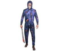 Smiffys Costume ufficiale Warner Bros Jason Voorhees da Venerdì 13° adulto, blu con cappuccio e stampa maschera, costume per Halloween da uomo, taglia M