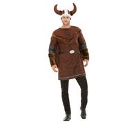 Viking Barbarian Costume Vestito Classico Marrone con Corna Cappello Tunica