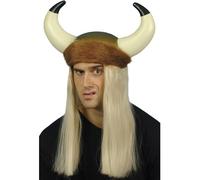 Smiffys Elmo da vichingo con corna, lunghi capelli biondi e decorazione di pelliccia Halloween