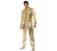 Smiffys Elvis Costume in Gold for Adults, Jacket, Shirt Front, and Trousers, Officially Licensed, Gold Jacket with Lapel Detail and Ruffle Shirt Front, Ideal for Music-Themed Events