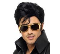 Smiffys Elvis - Set di occhiali da sole per adulti con parrucca e occhiali | Parrucca sintetica nera corta con quiff e basette, oltre a occhiali da sole aviator oro con lenti colorate UV400.
