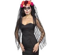 Smiffys Fascia per capelli deluxe per il giorno dei morti, rosso e nero con rose e velo, costume messicano per il giorno dei morti, accessori per Halloween