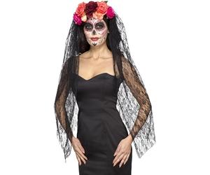 Smiffys Fascia per capelli deluxe per il giorno dei morti, rosso e nero con rose e velo, costume messicano per il giorno dei morti, accessori per Halloween