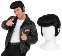 Smiffys Grease T-Bird Jacket & Black Quiff parrucca set taglia M-XL | Set ufficiale Grease con giacca T-Bird in similpelle nera e classica parrucca nera quiff per un look iconico degli anni '50.