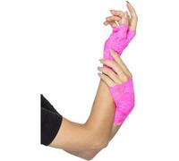 80's senza Dita Pizzo Neon Corto Guanti Adulto Donna Accessorio Vestito Rosa