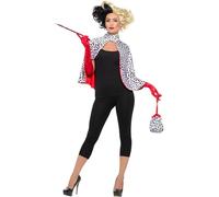 Smiffys Kit Deluxe da Crudelia, Nero e bianco, con mantello, borsa, guanti supporto per sigaretta