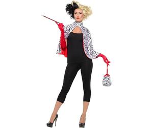 Smiffys Kit Deluxe da Crudelia, Nero e bianco, con mantello, borsa, guanti supporto per sigaretta Halloween