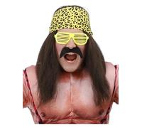 Smiffys Kit di accessori per travestimento da wrestling anni '90, per adulti, include parrucca lunga marrone, bandana leopardata, baffi autoadesivi e otturatore giallo, per feste in costume retrò