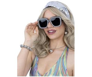 Smiffys Kit di gioielli con sfera da discoteca anni '70, collana, orecchini, bracciale e occhiali, costume da discoteca anni '70, gioielli per travestimento da discoteca anni '70