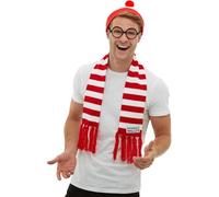 Smiffys Kit Dov'è Wally, Rosso e bianco, con cappello, sciarpa lavorata a maglia e occhiali Halloween, Carnevale