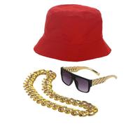 Smiffys Kit hip hop anni '90, cappello da pescatore rosso, occhiali e collana a catena, costume anni '90, accessori per travestimento anni '90