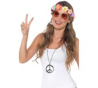 Smiffys Kit per festival hippie, Multicolore, Fascia con fiori, occhiali, medaglione e orecchini Halloween