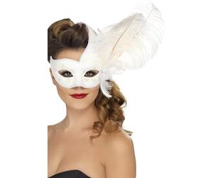 Smiffys Maschera ornata da colombina, bianca, con piume Halloween