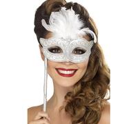 Smiffys Maschera per gli occhi fantasia barocca, argento, con piume Halloween