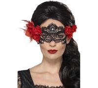 SMIFFYS Maschera per occhi in filigrana di pizzo Giorno dei Morti, Nero, con rose e piuma