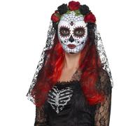 Smiffys Maschera Senorita Giorno dei Morti, a viso intero, Rosso e nero, con rose e velo