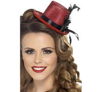 SMIFFYS Mini cilindro, rosso con fiocco nero e piuma Halloween