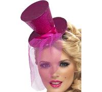 Smiffys Mini cilindro sexy su fermacapelli, rosa acceso con rete removibile