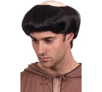 Parrucca Da Monaco Religiosa Marrone Corto + Cappello Calvo Costume Da Uomo