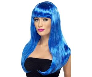 SMIFFYS Parrucca attraente e sexy, blu, lunga, liscia con frangetta Halloween