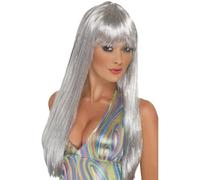 Argento con Glitter Parrucca 60s 70s Disco Lungo Glamour Metallico