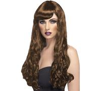SMIFFYS Parrucca da donna desiderosa, marrone, lunga, riccia con frangetta Halloween