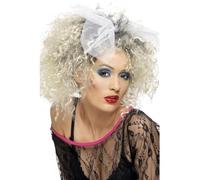 Smiffys Parrucca da ragazza ribelle anni '80, bionda, corti, ricci con fiocco Halloween