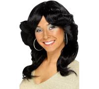 70s Flick Parrucca Lungo Nero Ondulato Donna Disco Accessorio Vestito 1970s