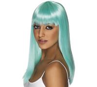 Smiffys Parrucca glamour, verde acqua fosforescente, lunga, liscia con frangetta Halloween