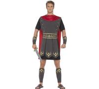 SMIFFYS Costume Gladiatore romano, Nero, con tunica, mantella attaccata, bracciali e schinieri per gambe Halloween