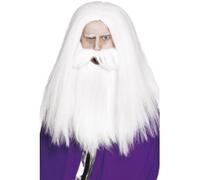 Uomo Mago O Mago Costume Parrucca E Barba Set Bianco da Smiffys