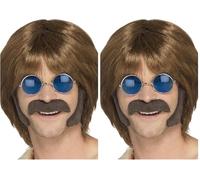 SMIFFYS Set travestimento hippie, marrone, con basette lunghe e baffi, Auto-adesivi Halloween (Confezione da 2)