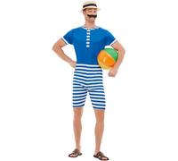 SMIFFYS Costume da bagno anni '20, Bianco e blu, con tuta corta, cappello e baffi