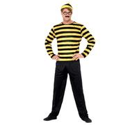 SMIFFYS Where's Wally Odlaw Costume, Bianco e giallo, con top, pantaloni, cappello, baffi e occhiali Halloween
