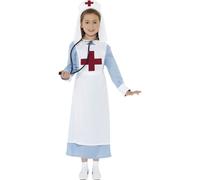Smiffys Costume Infermiera Seconda guerra mondiale, azzurro, vestito, grembiule finto e copricapo