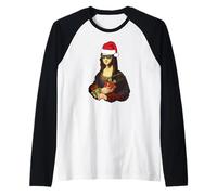 Smile! Divertente Cappello di Natale Mona Lisa Babbo Natale Meme Maglia con Maniche Raglan