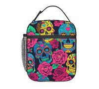 (Smile Skulls Red Roses) Borsa Termica Isolata Lunch Bag Riutilizzabile Pranzo Tote Per Ufficio Scuola All'Aperto