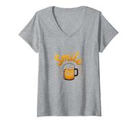 Smile There's Beer: Fun Brew Lovers - Stampa Artistica Maglietta con Collo a V, Donna, Grigio Melange, S