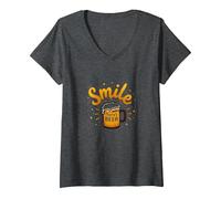 Smile There's Beer: Fun Brew Lovers - Stampa Artistica Maglietta con Collo a V, Donna, Grigio Scuro, XXL