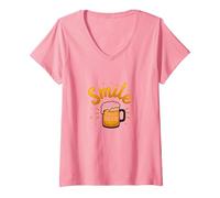 Smile There's Beer: Fun Brew Lovers - Stampa Artistica Maglietta con Collo a V, Donna, Rosa, L