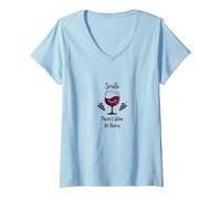 Smile Theres Wine At Home - Decorazione Divertente per Gli Amanti del Vino Maglietta con Collo a V, Donna, Celeste, S