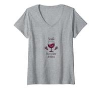 Smile Theres Wine At Home Fun Wine Lover Home Home Decor Maglietta con Collo a V, Donna, Grigio Melange, XXL