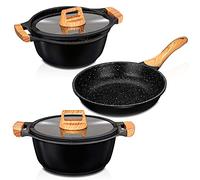 Smile Wood Batteria da Cucina Induzione, 3 pezzi, in alluminio pressofuso antiaderente ILAG Ultimate senza PFOA, set pentole coperchi vetro + padella, manici in silicone effetto legno, vetroceramica