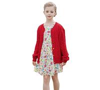 SMILING PINKER Ragazze Aran Cardigan Ragazzi Bambini Maglia Girocollo Cotone Maglione ruvido Giacca con bottone, Colore: rosso, 8-9 Anni